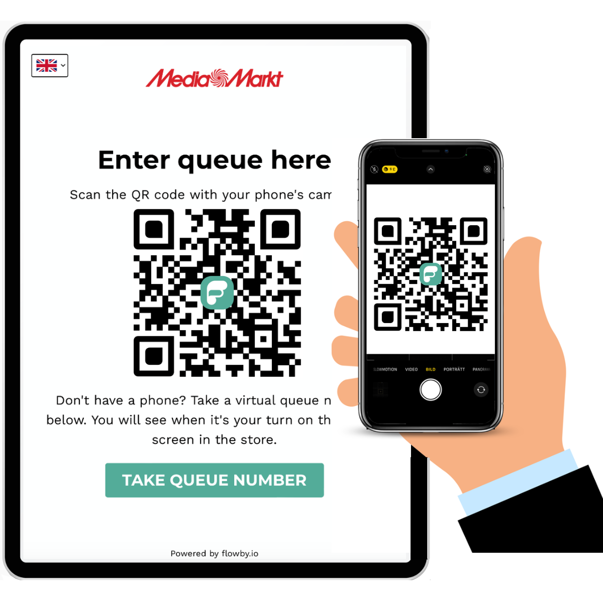 Customer scanning QR code to take a queue number