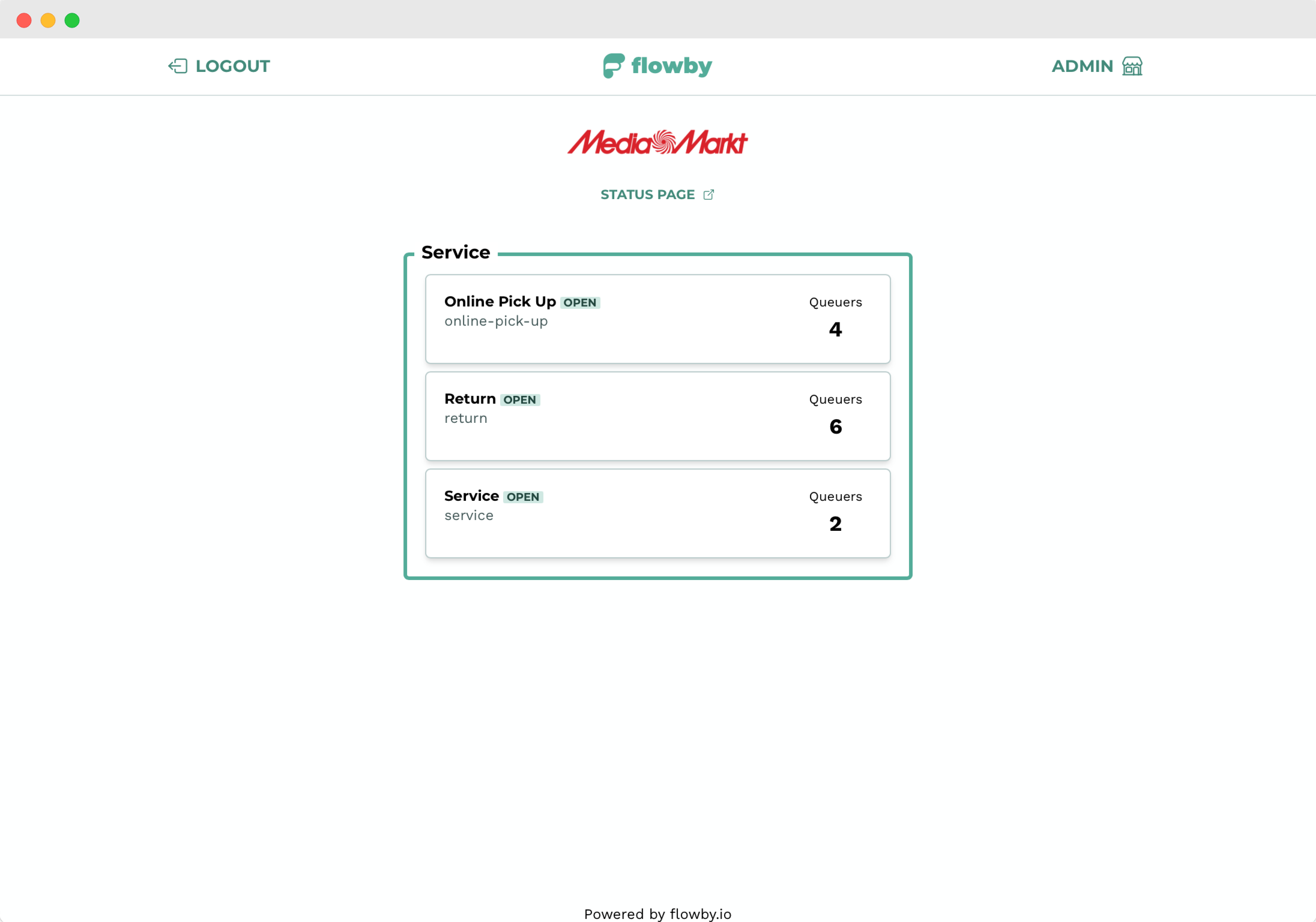 Flowby dashboard overview showing queue management