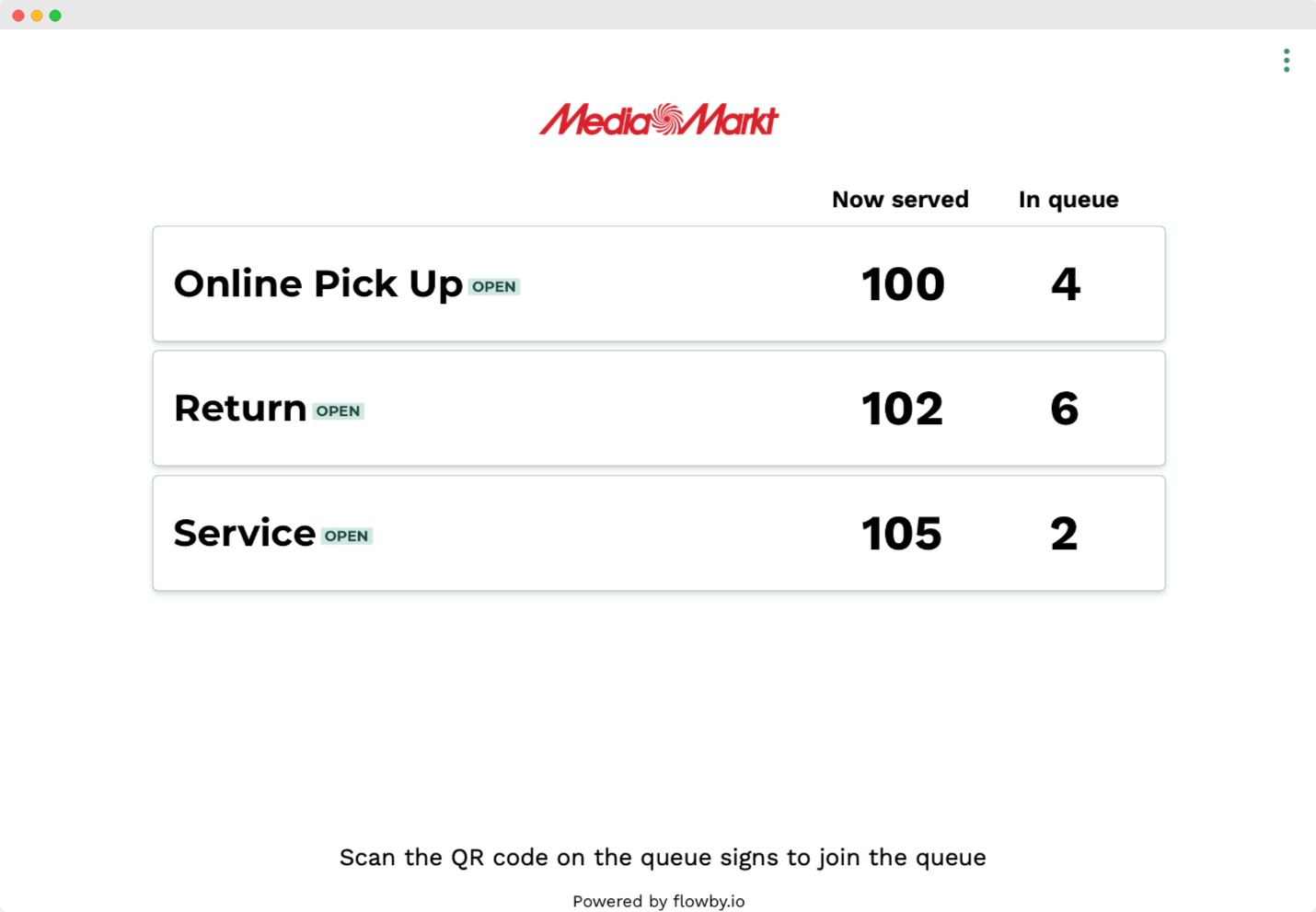 Flowby queue status display for customers